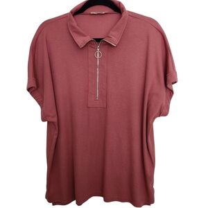 Vivilli Womens Rib Knit Quarter-Zip Polo Top in Dusty Rose Size XXL